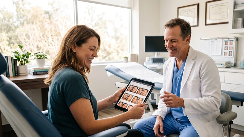 A patient smiling while reviewing photos on a tablet with a surgeon in a bright clinical room, both relaxed and engaged — no text overlay