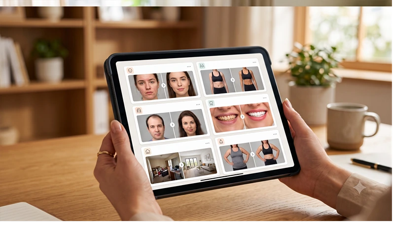 neat grid of before-and-after result cards displayed on a tablet screen, warm professional lighting, clean background — no text overlay