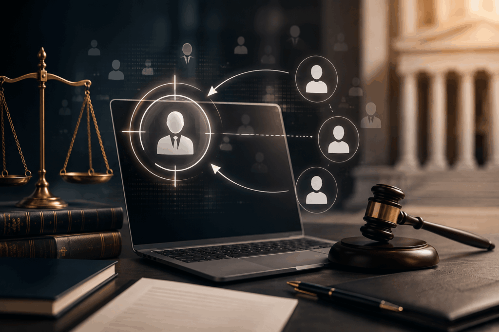Law firm retargeting campaign showing a laptop connected to targeted online audiences and legal marketing channels