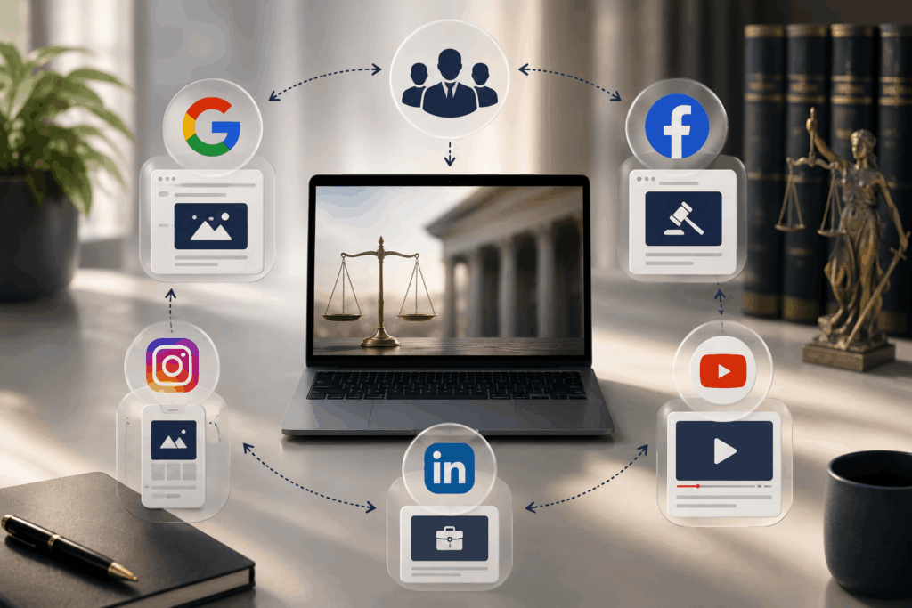 Law firm retargeting strategy illustrated across Google, Facebook, Instagram, YouTube, and LinkedIn
