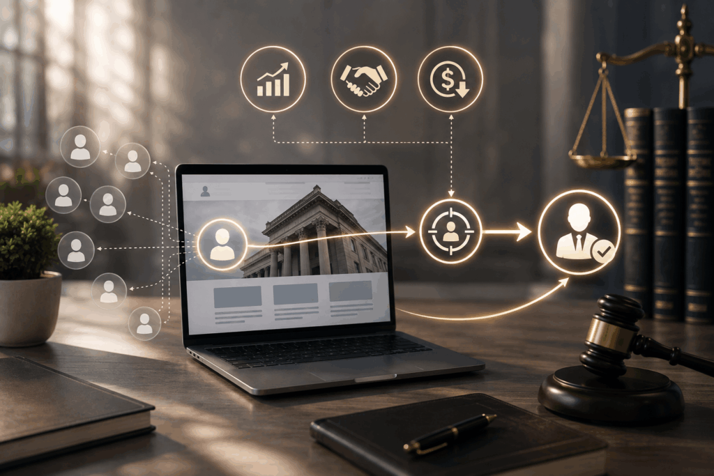Law firm retargeting advertising strategy showing a laptop, legal imagery, targeted audiences, and conversion-focused marketing icons