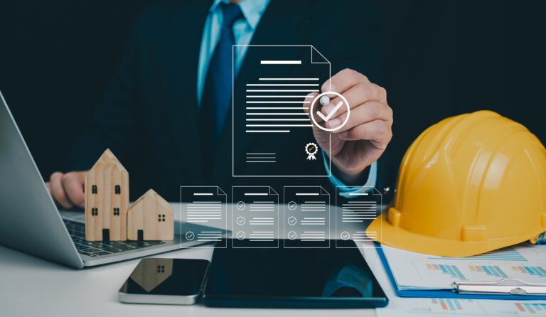 Permit approval concept with an architect or engineer checking construction documents and approving a residential building project, symbolizing inspection and authorization in construction planning