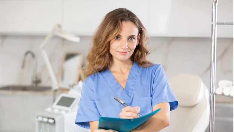 In her meticulously organized clinic, female cosmetic doctor attentively reviews patient's medical records, her face displaying caring and professional demeanor.
