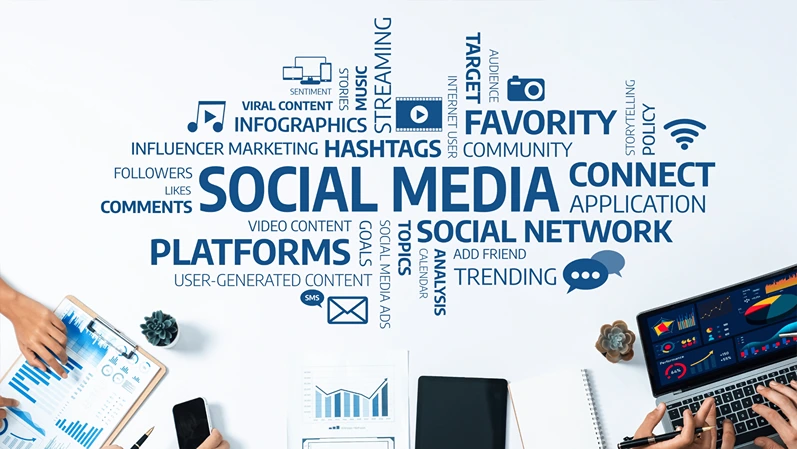 A team collaborates on social media strategies, analyzing data and discussing digital marketing concepts to enhance audience engagement and reach through effective content. Amity