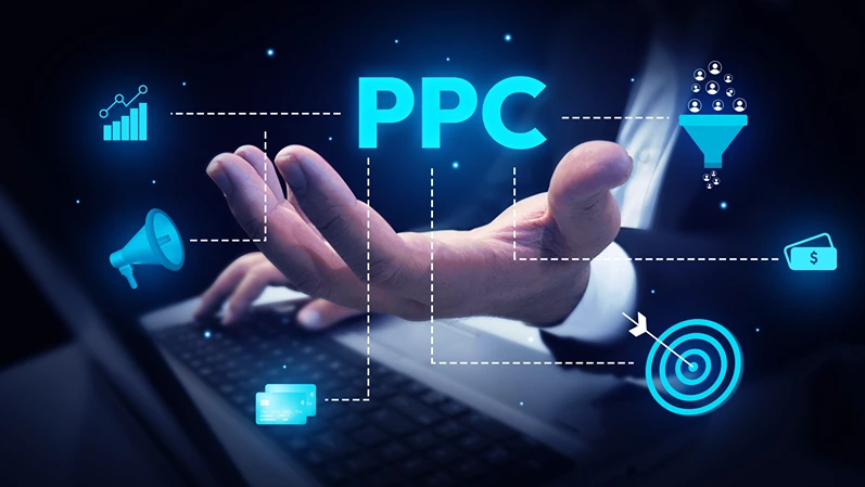 PPC campaigns and advertisement concept with glowing shapes hovering over the hand, pay per click typography. Business, conversions, roi,