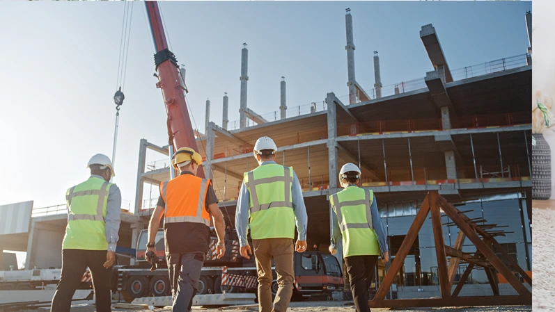 Diverse Team of Specialists Inspect Commercial, Industrial Building Construction Site. Real Estate Project with Civil Engineer, Investor and Worker. In the Background Crane, Skyscraper Formwork Frames