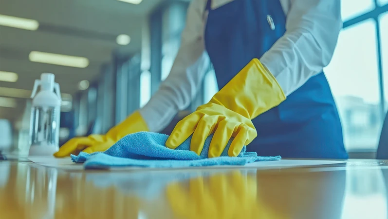 Clean and shiny conference table in a modern office being cleaned by a professional cleaning lady with a rag and a spray bottle of cleaner on the desk.