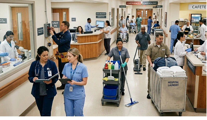 hospital wortkers including including cafeteria staff, laundry associates, cleaners, receptionists, medical secretaries, electricians, lab technicians, pharmacists, nurse practitioners, and highly specialized physicians such as cardiologists