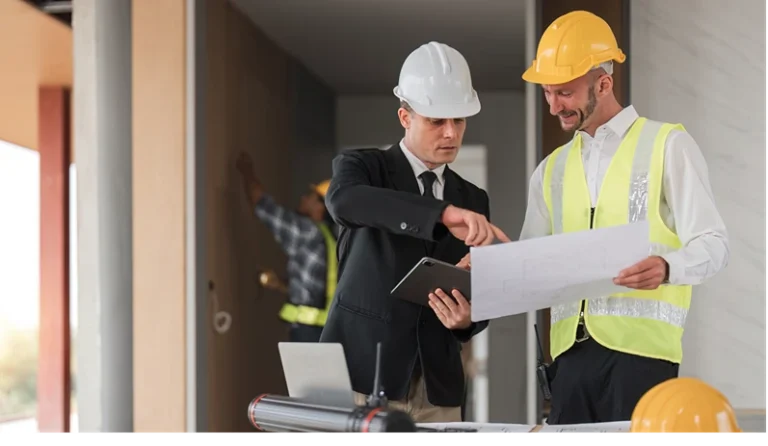 Diverse Team of Specialists Use Laptop on Construction Site. Real Estate Building Project with Engineer Investor and Businessman Checking Area, working on Civil Engineering, Discussing Strategy Plan
