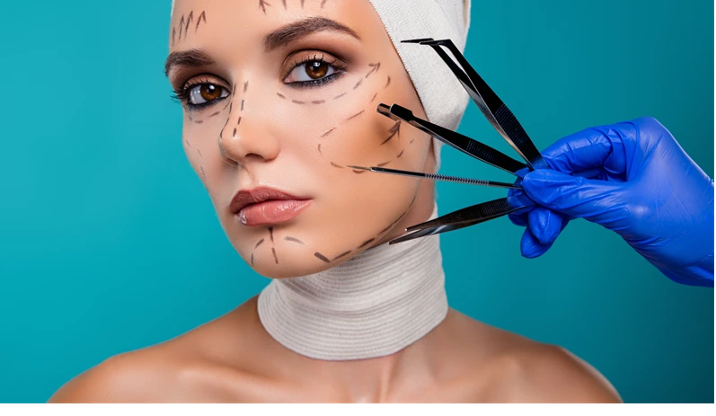 Photo of lady in bandage examine with medical tools before plastic surgery isolated over cyan color background