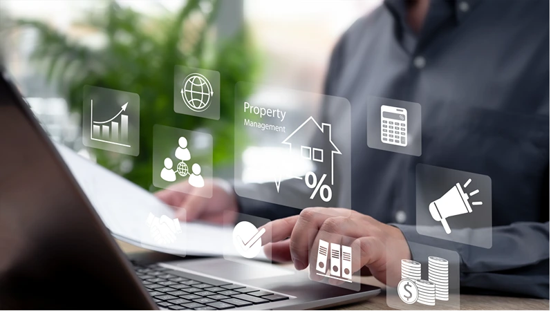 Property Management Concept, Businessman Managing Real Estate Assets, Rental Investment, Building Maintenance, Financial Plan, Tenant Services, Housing Market Strategy, Real Estate Development