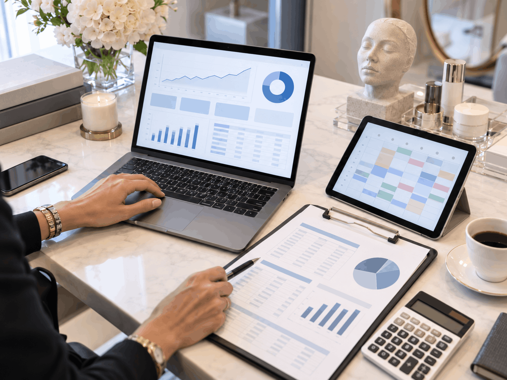 Clinic workspace with a laptop displaying performance charts, a calendar on a tablet, printed analytics reports, and a calculator used for budgeting and consult planning.