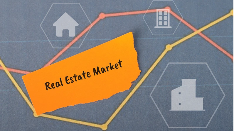 The real estate market refers to the buying, selling, and renting of properties, including residential, commercial, and industrial real estate.