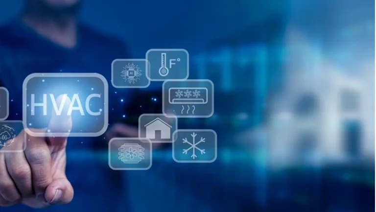 Businessman touching on virtual screen and presses HVAC button. Use of various technologies to control the temperature, humidity, and purity air. HVAC - Heating Ventilation Air Conditioning Concept