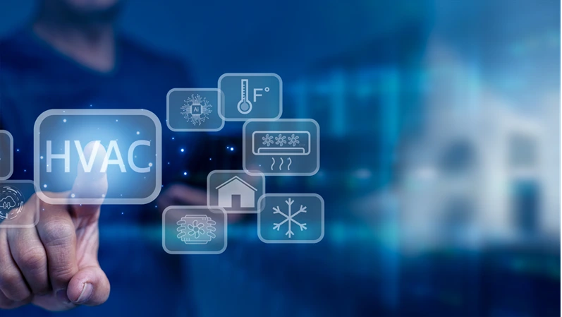 Businessman touching on virtual screen and presses HVAC button. Use of various technologies to control the temperature, humidity, and purity air. HVAC - Heating Ventilation Air Conditioning Concept