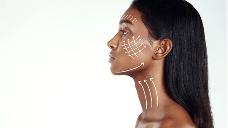 Face profile, plastic surgery lines and woman for beauty filler, cosmetics treatment or facial skincare collagen. Mockup advertising space, arrow and aesthetic studio person on white background