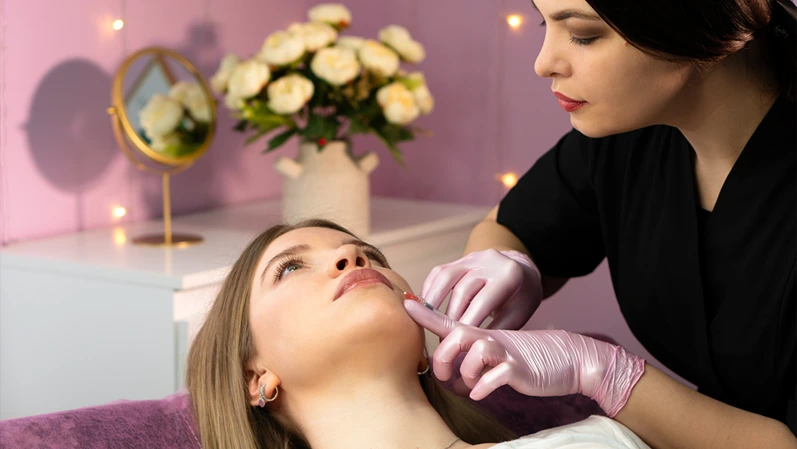 Aesthetician injects dermal filler into patient’s chin in clinic. Aesthetic cosmetology. Lip Augmentation. Female client during procedure in beauty clinic