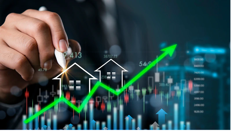 Businessman drawing rising green arrow with house icons, real estate investment growth, property market analysis and housing financial success concept.