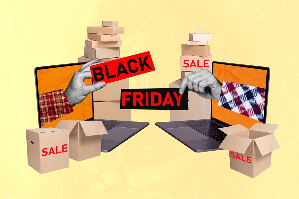 Internet commerce for best deals ever collage illustration two laptop