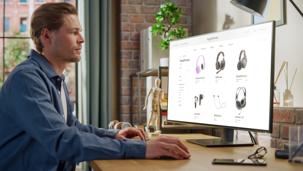 Ordering Tech Devices on Website. Over Shoulder View